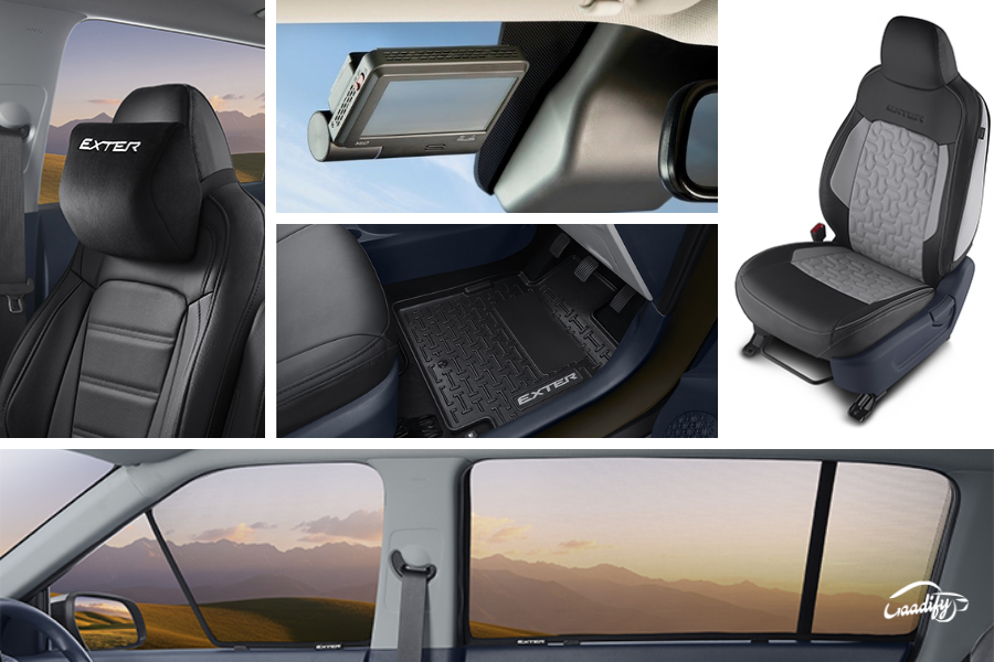 Hyundai Exter interior accessories detailed with their prices: floor mats, dashcam, sunshades, etc.